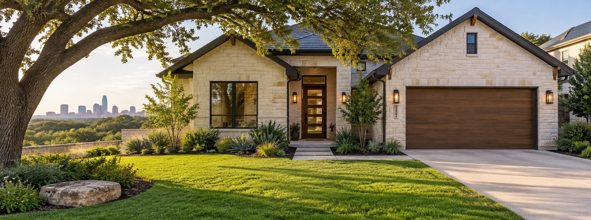 A limestone Central Texas home under a live oak, with the Austin skyline in the distance